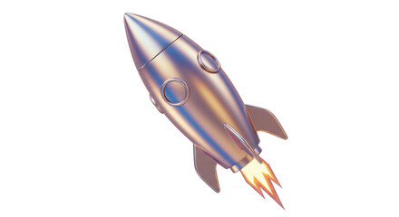 Isolated Silver Rocket Ship with Fire Tail