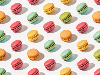 Obraz premium Colorful and delicious-looking macaroons neatly arranged at equal intervals. White background. Background material. Beauty. Sweets. Sweets.