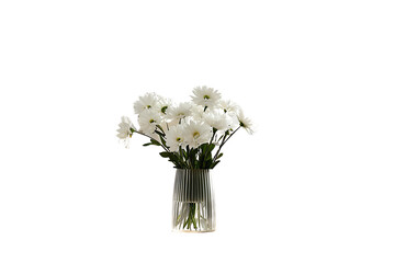 A vase of white flowers sits on a wooden table isolated on white backgroundPNG © Hridoy