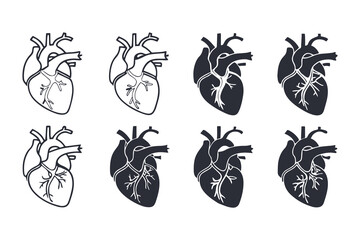 Fototapeta premium Anatomical Heart Vector Silhouette Icon Set. Human Heart, Cardiovascular System, Heartbeat, Medical Anatomy, Health, Biology, Organ, and Cardiology Illustrations