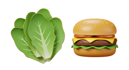 Isolated Lettuce and Burger 3D Illustration