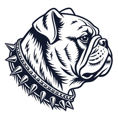 Bulldog Head in Profile, Spiked Collar, Black and White Line Art, Canine