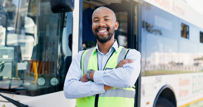 Arms crossed, bus stop and portrait of black man at station for commute, public transportation or service. Driver, smile and uniform with happy coach conductor outdoor for journey, tour or travel