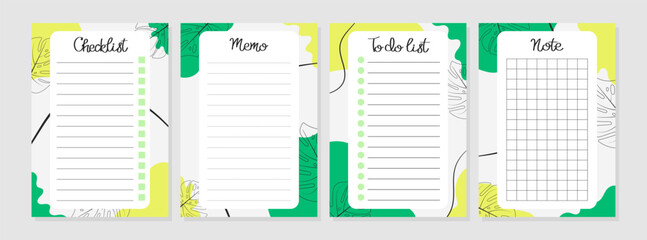 Summer set of sheets with monstera leaves pattern. To do list, note, memo, checklist. Vector illustration for agenda, planner, diary, notebook, shopping. Layout A5