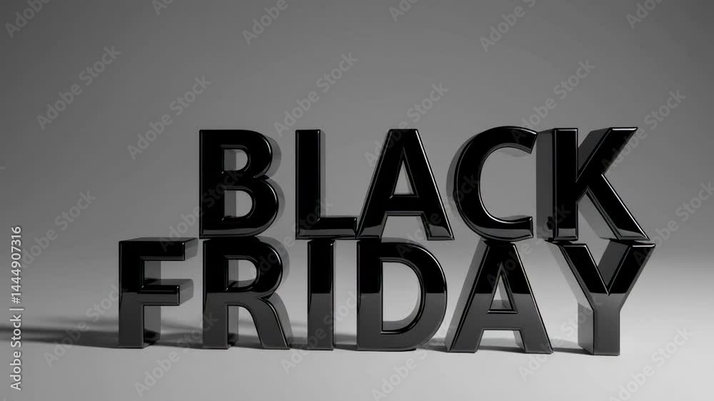 Poster Black friday 3d glossy text is rotating slightly, changing its lighting and reflections on a seamless white background, ideal for advertising and marketing campaigns