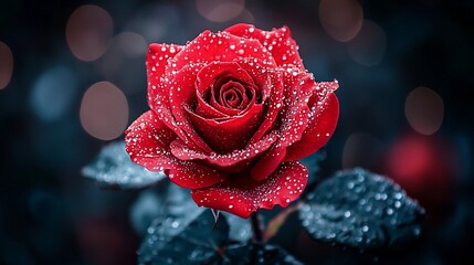 Close-up of a vibrant red rose with water droplets
