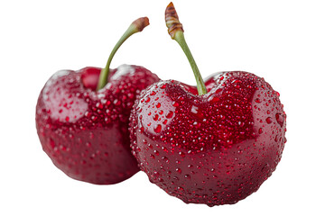 Two dark red cherries with green stems forming a heart shape on a transparent background PNG