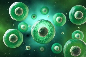 3d rendering of human cells in a green background.