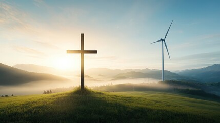Obraz premium Cross on Hill with Wind Turbine and Sunrise Over Misty Landscape