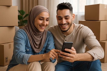 ultra high resolution quality image and ultra detailed and clear and sharp image New Beginnings: Middle Eastern Couple Using a Phone After Moving