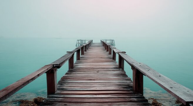 Wooden pier stretching into the misty sea a tranquil seascape scene - Powered by Adobe