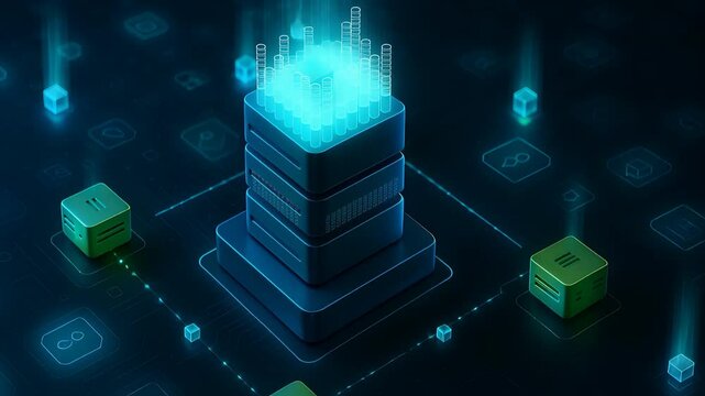 Glowing Data Server Block with Connected Cubes Representing Blockchain Network, Cloud Computing and Digital Data Transfer

