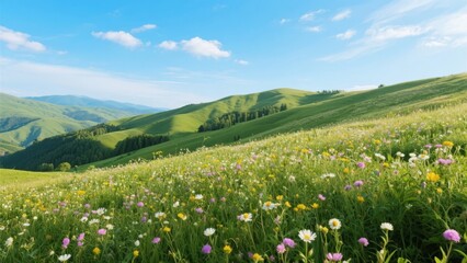 A vibrant meadow filled with wildflowers under a clear blue sky