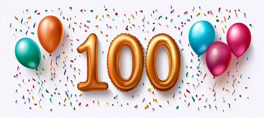 Golden Number 100 Balloons With Festive Balloons and Confetti for Birthday Celebration