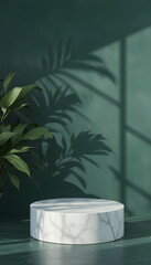 Fototapeta premium Elegant white marble cylinder podium on a dark green marble surface with tropical leaf shadows and a lush indoor plant