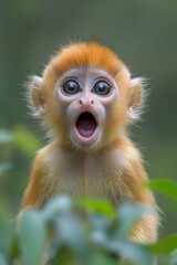 Naklejka premium Surprised Golden Monkey With Open Mouth And Big Eyes, Close-Up Portrait On Green Background
