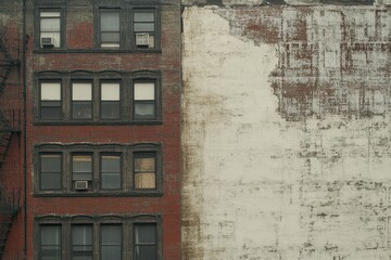 Urban brick building facade with peeling paint