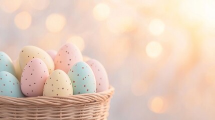 Pastel Easter Eggs in Wicker Basket with Bokeh Lights