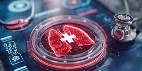 Digital Medical Futuristic Interface 3D Rendering Concept. Digital Medical Technology Interface with Lungs Health Monitoring and Stethoscope Equipment
