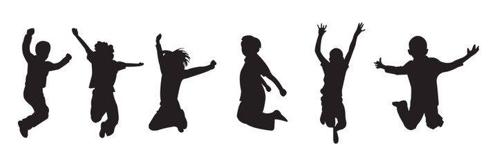 Kids Jumping Silhouette Vector  . Black silhouette of children jumping for joy. Active kids jumping or trampolining, outline elements collection, flat vector isolated on white background.  