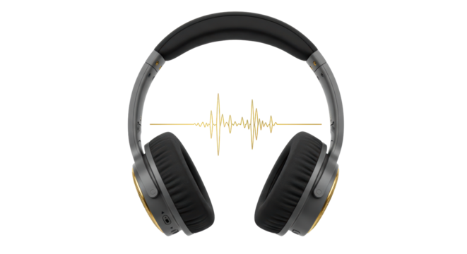 Isolated Black Headphones with Sound Waves