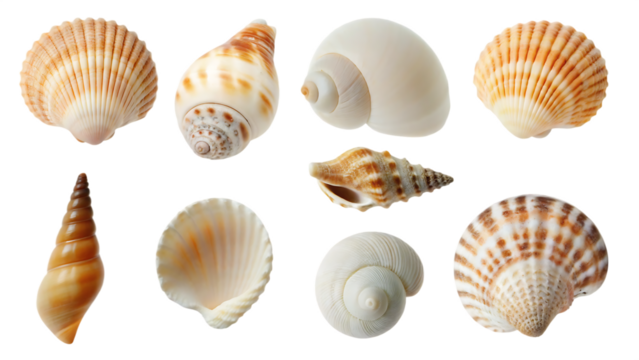 Collection set of beach seashells isolated on white background PNG