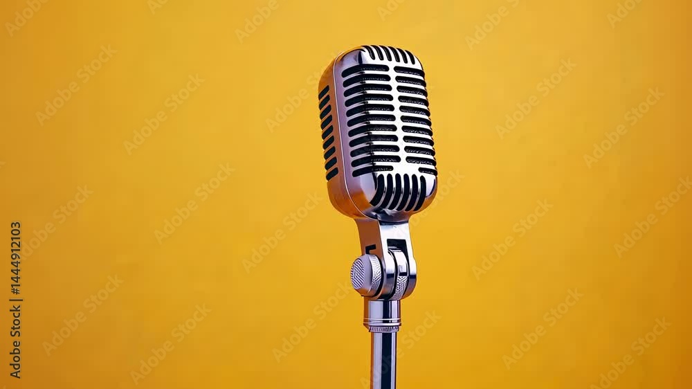 Poster classic microphone slowly rotates on a wooden surface, with a blurred background, creating a nostalg