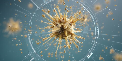 Digital Medical Futuristic Interface 3D Rendering Concept. Realistic 3D Rendering of Virus Particle with Abstract Background and Futuristic Elements