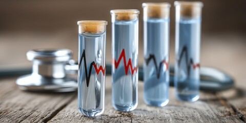 Digital Medical Futuristic Interface 3D Rendering Concept. Colorful Test Tubes with Liquid on Wooden Surface Next to Stethoscope and Health Concept Elements