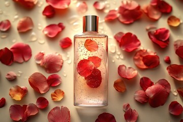 Rose-infused cosmetic product surrounded by petals