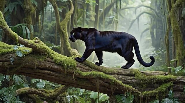 Black tiger vector silhouette depicts a black tiger and tiger walking on a fallen tree in the middle of the forest, isolated wild mammal