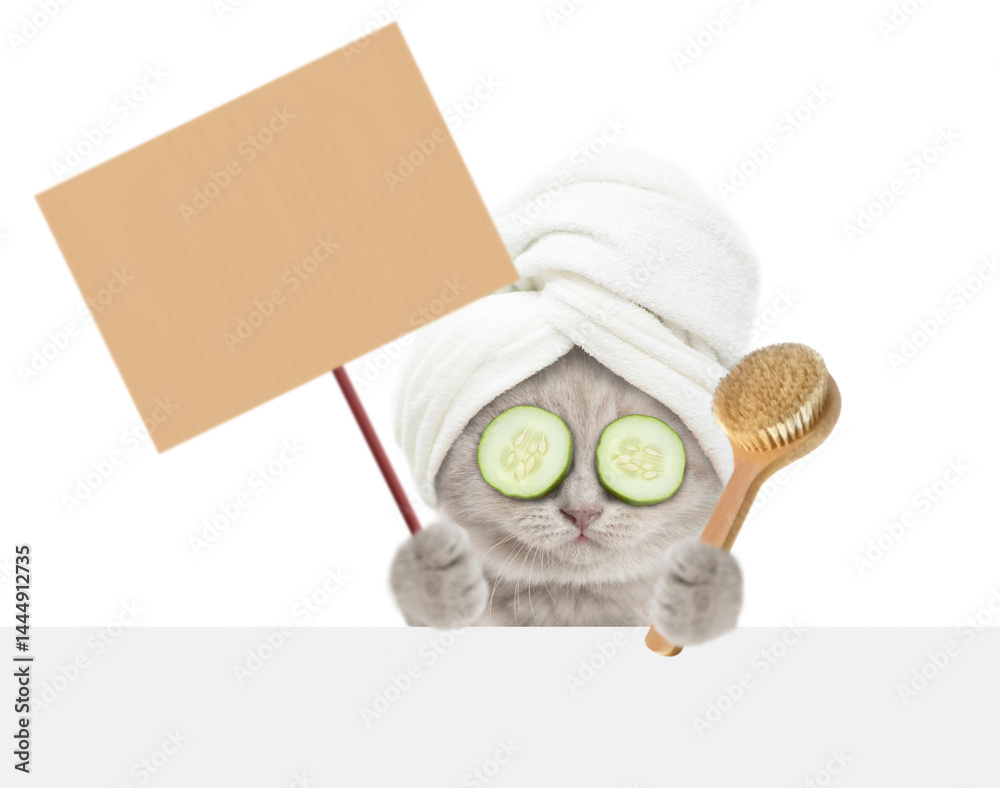 Poster cute kitten with towel on it head and with slices of cucumber on it eyes looks above blank white ban