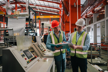 Steel factory workers inspect sheet metal materials, ensuring industrial manufacturing quality,...
