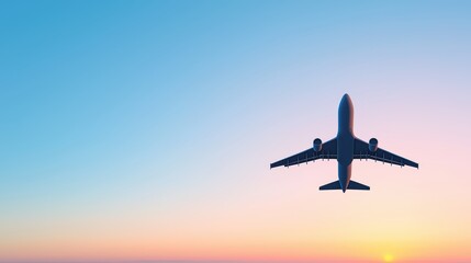 Obraz premium Airplane Flying Above the Horizon During Sunset with Colorful Sky
