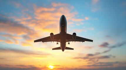 Airplane Silhouette Against Vibrant Sunrise Sky with Clouds