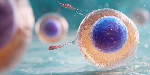 Digital Medical Futuristic Interface 3D Rendering Concept. Close-Up View of Colorful Cells Under Microscope in Abstract Scientific Background