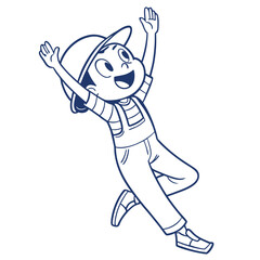 Joyful Youngster Line Art Excited Boy with Arms Raised, Cap, Striped Shirt, Overalls