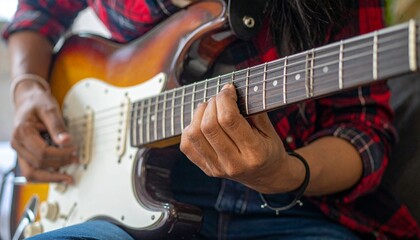 Naklejka premium Guitarist play electric guitar, close up on hands. Music creativity, performance energy, indie rock atmosphere, teamwork. AI Model.