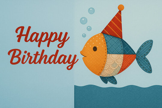 fish with floating hat and bubbles on surreal birthday card
