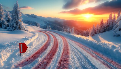 Snowy mountain road at sunset, tire tracks visible, red signpost
