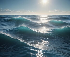 Abstract blue water surface with sunlight, dynamic wave patterns, whitecaps,  foam,  photography,  wave pattern