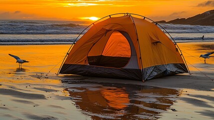 Bright Orange Tent on Sandy Beach at Sunset with Gentle Waves