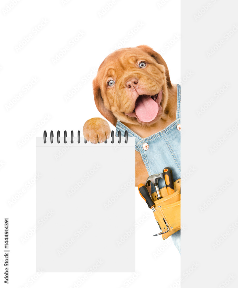 Aufkleber happy mastiff puppy wearing denim overalls with tool belt shows empty list from behind blank white b