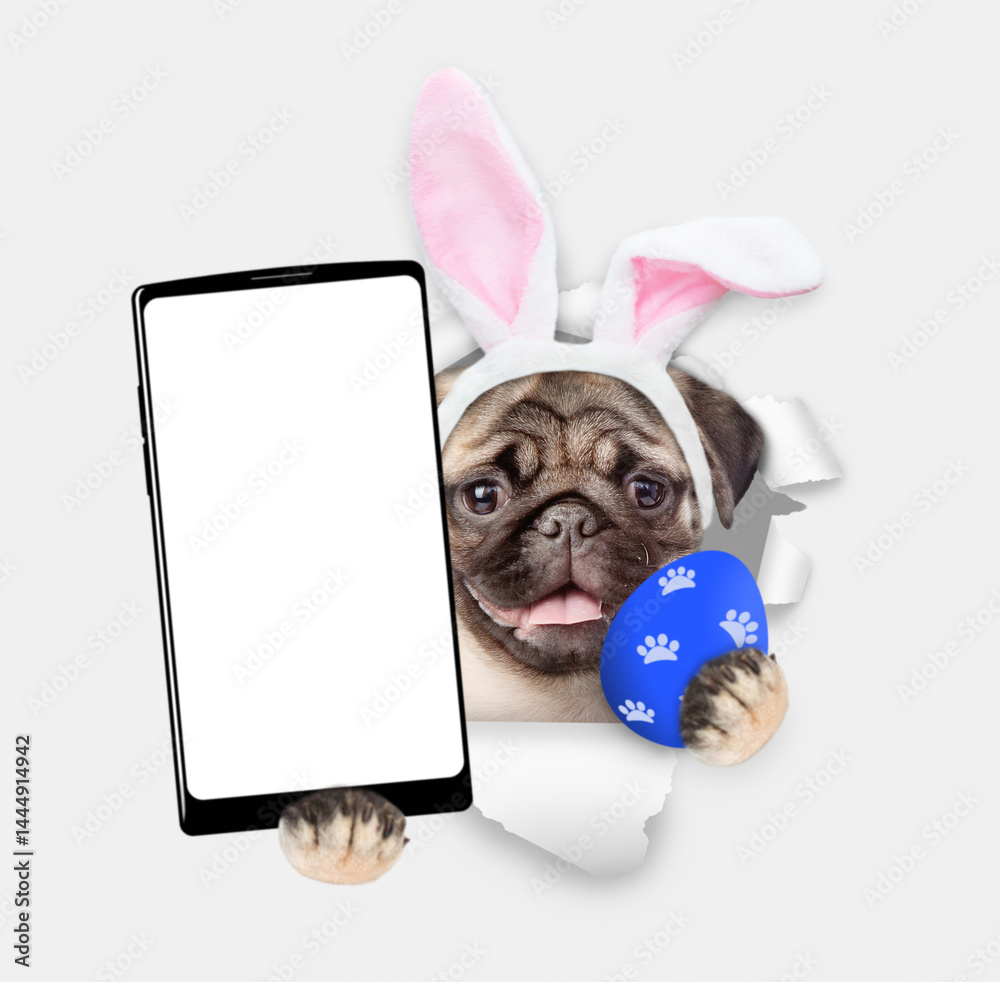 Aufkleber happy mastiff puppy wearing easter rabbits ears holds painted egg and big smartphone with white blan