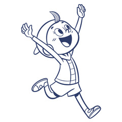 Outlined Happy Cartoon Boy Jumping with Arms Up in Air Joyful Child Celebration