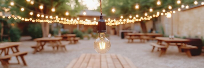 Obraz premium Outdoor Summer Evening With Vintage Hanging Light Bulbs And Cozy Blurred Picnic Area Background.