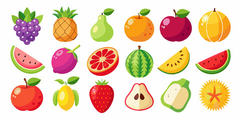 Collection of colorful fruit icons including apple, banana, strawberry, orange, grape, watermelon, pineapple and cherry etc