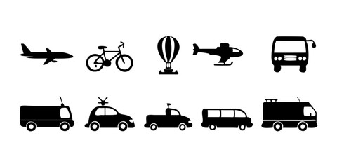 Colección de iconos de transporte, incluidos automóviles, autobuses, bicicletas, motocicletas, aviones, trenes, barcos, camiones, taxis, scooters, helicópteros, metros, etc.