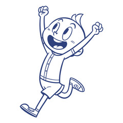 Outline Cartoon Boy Jumping with Joyful Expression and arms raised, minimalist style