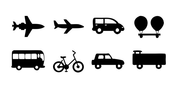 Colecci&oacute;n de iconos de transporte, incluidos autom&oacute;viles, autobuses, bicicletas, motocicletas, aviones, trenes, barcos, camiones, taxis, scooters, helic&oacute;pteros, metros, etc.